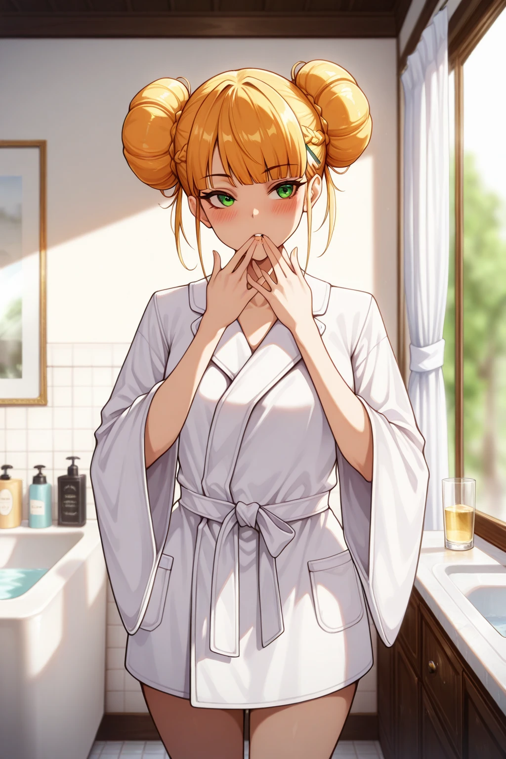  masterpiece,  best quality,  amazing quality ,  is very beautiful ,  ultra high resolution,  Ultra Realistic , 1 Girl,  unique ,
Vienna , 紫色hair,  green eyes , Tie hair, hair,  augeport , Huge bun ,
 medium breasts,  white bathrobe , robe,  long sleeve, Wide sleeves,
Seductive gaze ,  bedroom-like eyes ,  split lips ,
 blush, Look at the audience, Standing,  opposed,  hands in your mouth,
 Blurred Background , White curtains, Glass Windows, morning,  bathroom, tub,