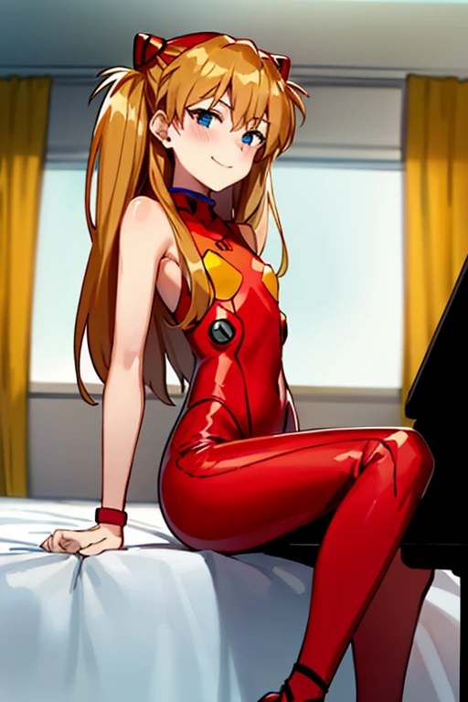 (( top quality)), ((masterpiece)), (be familiar with), perfect face, indoor, bedroom,  Watching Viewers ,
One woman,  Soryu Asuka Langley ,
開いた口,  ecstatic expression beside the piano, blush, smile,
 small tits,  flat chest, Young girl, Lori,  s,  girl,
 long hair,  two side up,
Leg spread,