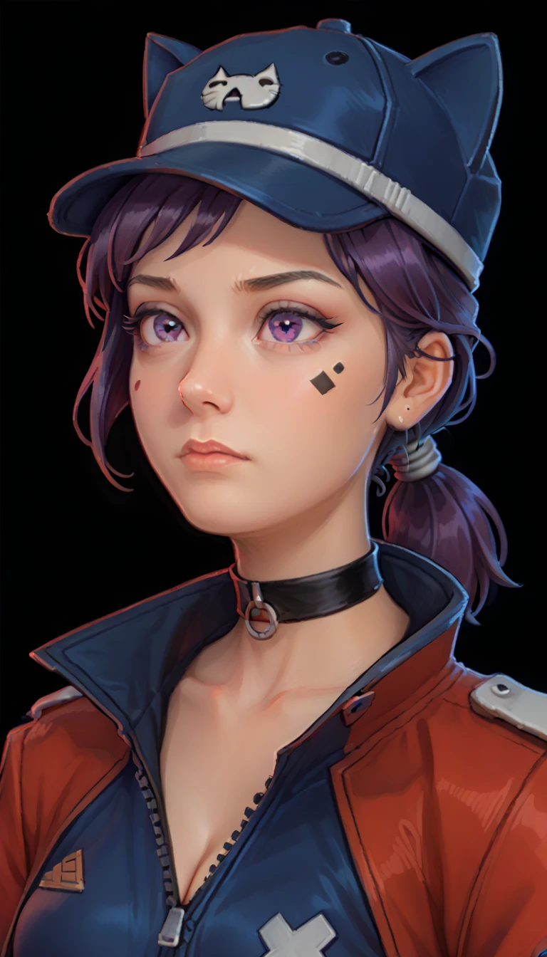 one woman, ChopioMita, (purple eyes:1.2), medium hair, sidelocks, teardrop facial mark, low ponytail, outfit_1, cat hat, cabbit hat, blue headwear, ribbon choker, purple hair, (upper body:1.3), (black background, clear background:1.5), (red military jacket:1.2), (studio lights, deep shadows:1.3), (big chest:1.2)