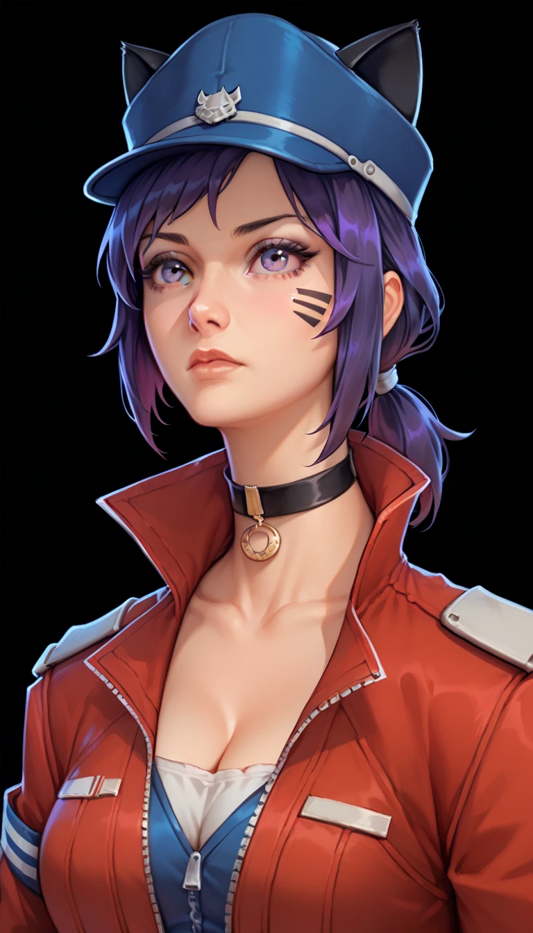 one woman, ChopioMita, (purple eyes:1.2), medium hair, sidelocks, teardrop facial mark, low ponytail, outfit_1, cat hat, cabbit hat, blue headwear, ribbon choker, purple hair, (upper body:1.3), (black background, clear background:1.5), (red military jacket:1.2), (studio lights, deep shadows:1.3), (big chest:1.2)