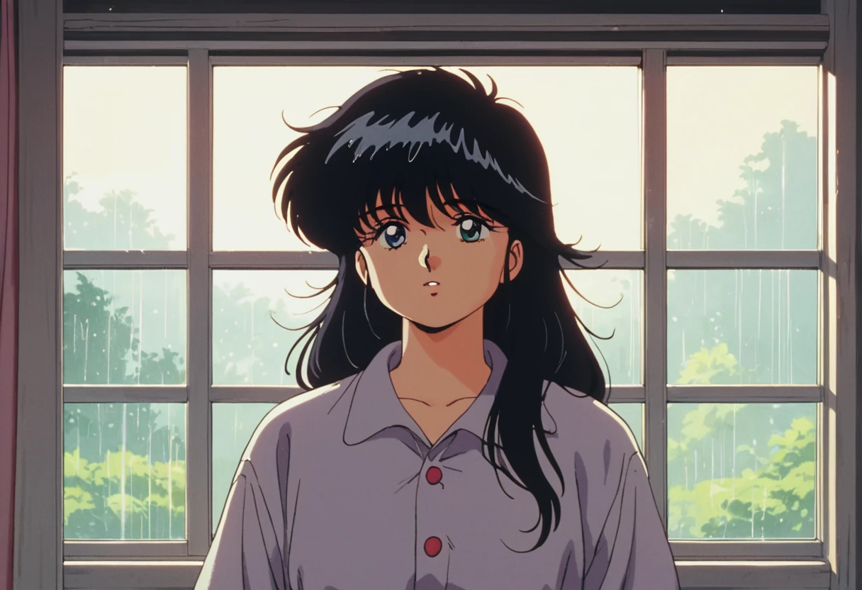 score_9, score_8_ up, score_7_ up,score_6_ up, high resolution,Retro,MDK , One Girl ,Alone, black hair, long hair,  knight , It's raining ,In the bedroom,Looking out the window, pajamas ,socks, Watch Viewers , Volume Lighting , depth of field, upper body,Front View