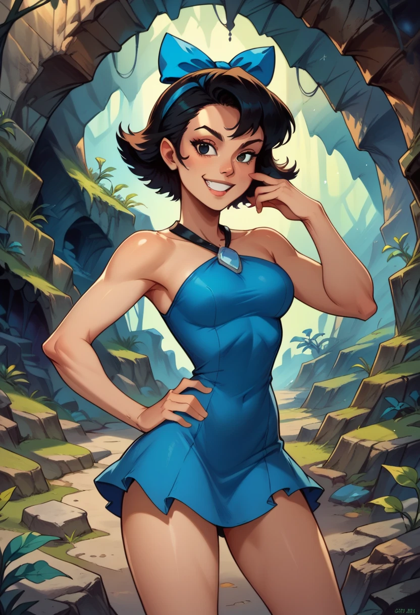 score_9, score_8_up, score_7_up, 1girl, dynamic pose, cowboy shot, looking at viewer, detailed background, smile, one hand in face, one hands on hips, cavern, vegetation, blue walls, BettyXLP, short hair, hair bow, black hair, black eyes, blue short dress, bare legs, makeup, cartoon, 