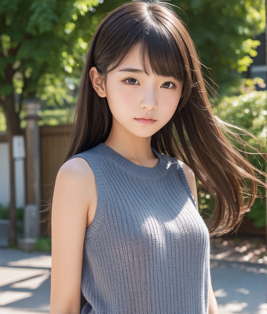  one girl,  sleeveless sweater,  high resolution, masterpiece,  anatomically correct, number々Awards, 最 High Quality ,  high resolutionモデル,  high detail,  High Quality , retina,  very detailed,  Textured Skin, 16k,  RAW photos , 茶色のhair, 前hair, 長いhair,  Side Blades , Thready hairstyle/hair, 表現力のあるhair,  Female , Japan&#39;The best idol, 12yo, ((( sleeveless ite turtleneck sweater with cute curves))), ((( pink shorts))), (((((Eckbo is cute ))))),  best smile 