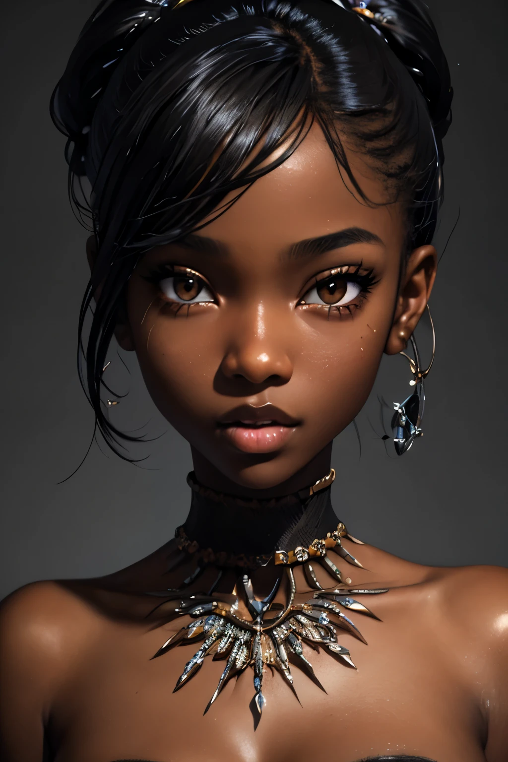 Dark-skinned tomboy girl with cut hair, Illustrated by Aoiro Studio and Masaaki Komori, hyper detailed, neons, lighting cinematic, peinture mate, illustrated in an oil painting style, Tendances sur ArtStation, Art contemporain, Surreal and dreamlike atmosphere.