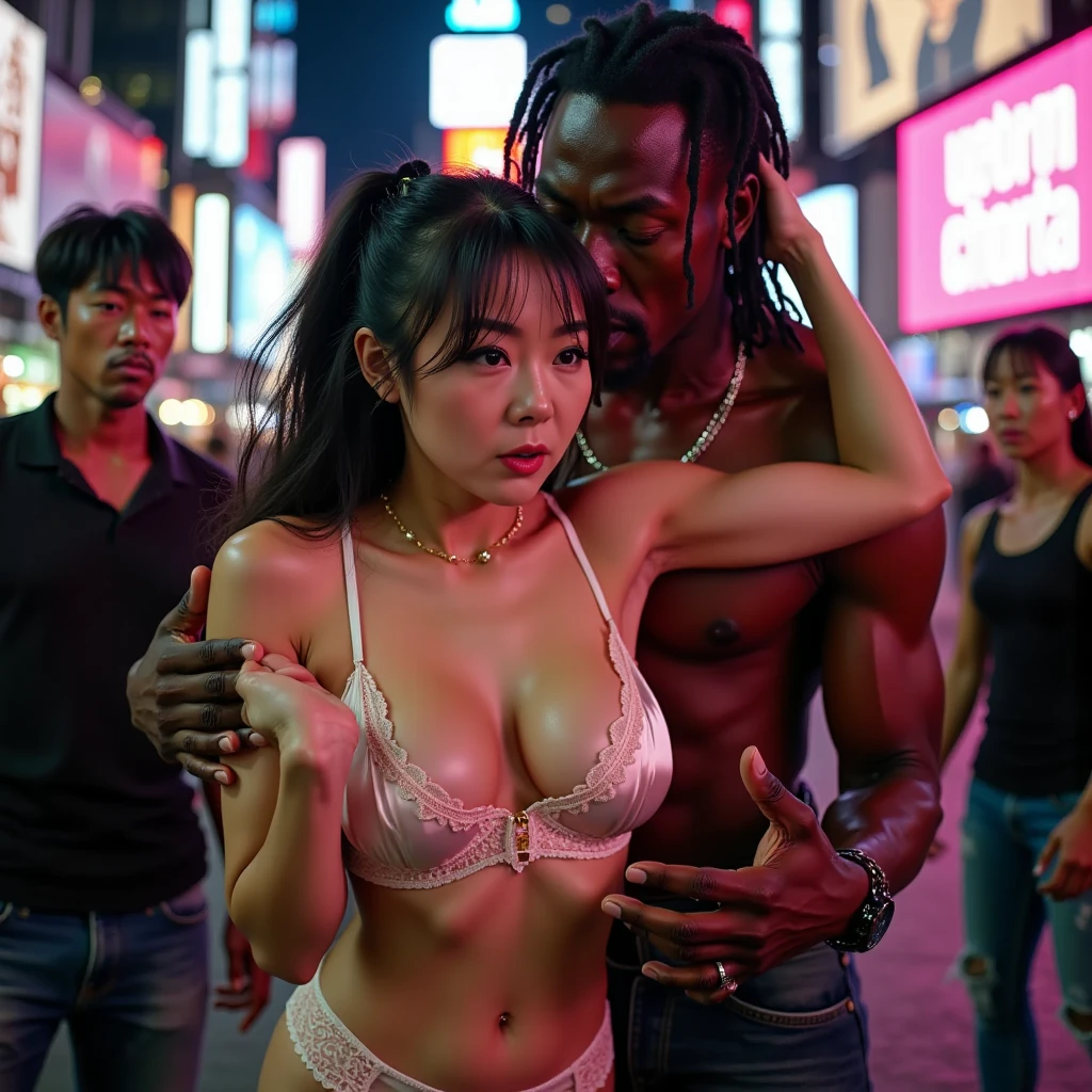 sweet indonesian girl, very skinny, very small breast, naked, take a photo with two big black man, hugged by two big man, smiling, crowd, in the street, high res, ultrasharp, 8K, masterpiece