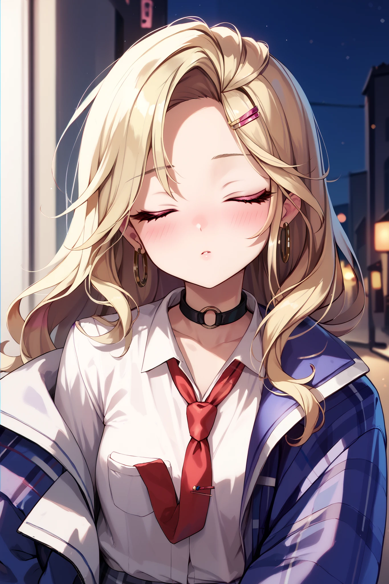 Nnkk, pink eyes, blonde hair, long hair, hairclip, hoop earrings, black choker, white shirt,  red necktie , loose necktie, blue jacket, plaid skirt,blush,incoming kiss, closed eyes, blush,,Hotel district、night,