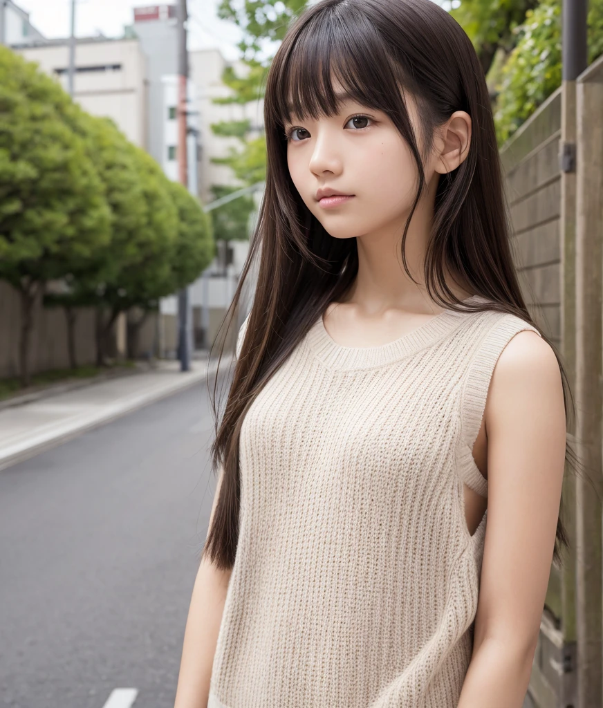  one girl,  sleeveless sweater,  high resolution, masterpiece,  anatomically correct, number々Awards, 最 High Quality ,  high resolutionモデル,  high detail,  High Quality , retina,  very detailed,  Textured Skin, 16k,  RAW photos , 茶色のhair, 前hair, 長いhair,  Side Blades , Thready hairstyle/hair, 表現力のあるhair,  Female , Japan&#39;The best idol, 12yo, ((( sleeveless ite turtleneck sweater with cute curves))), ((( pink shorts))), (((((Eckbo is cute ))))),  best smile 