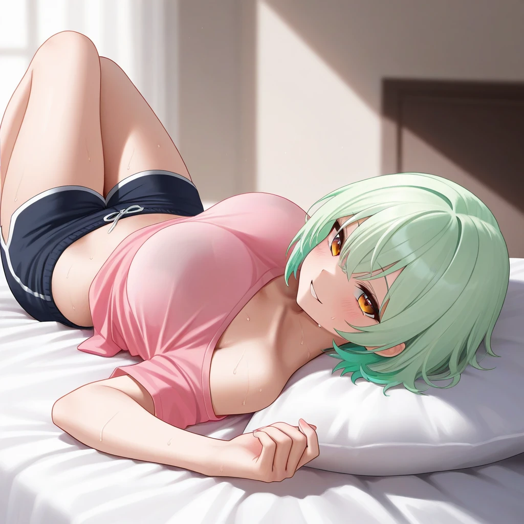 1 girl; short hair; light green colored hair; amber eyes, lying on a bed; on back; relaxed pose; wearing a shorts and pink t-shirt, big breasts; no-bra, shoulders exposed; visible body parts cowered in sweat; looks at viewer; naughty smile; The background is night-time bedroom with lightened only with moonlight.