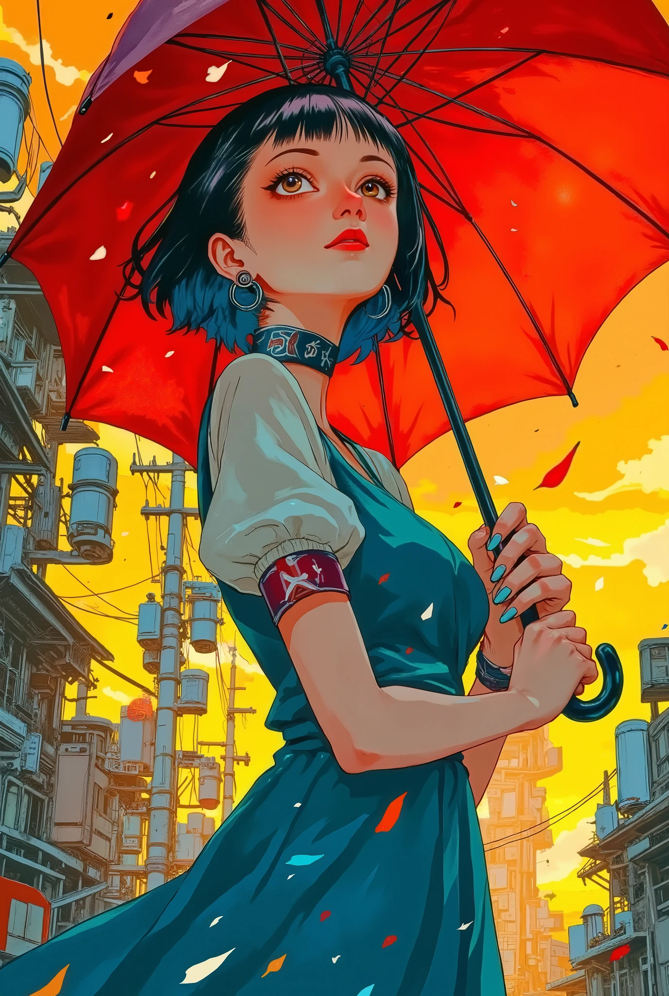  beautiful hands,Light blue nails , short haired masculine girl,  black hair,  detailed eyes, nose, lips and,  light blue dress ,Red Umbrella , look back, rain(  Top Quality ,4K,8k,  high resolution,masterpiece:1.2),  more details,(  realistic,photo  realistic,photo-  realistic:1.37),  high resolution,  Studio Lighting  ,  very detailed face and body  ,  Portrait,  cinematic lighting ,Dramatic lighting,Warm tones,Dramatic Colors, illustration, Dark Color,  stylish anime  , 