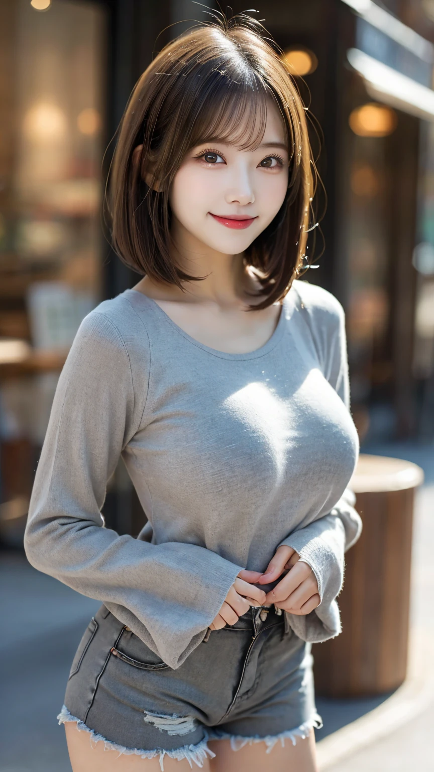 18-year-old girl、In the street、T、(Gray knitted dress and black stockings:1.3)、Long black boots、Expression of seduction:1.3、Colossal tits、gals、White Gal、middlebreasts、Random seductive poses、((Seductive facial expressions:1.1))((Etch Smile))((ponytail in high position、Shorthair))The face is orderly、A detailed face、Beautiful face、Tying hair、Light brown eyes、1girll、Innocence、(Photorealsitic)、(intricate detailes:1.2)、(masterpiece、:1.3)、(top-quality:1.4)、(超A high resolution:1.2)、超A high resolution、(A detailed eye)、(detailed facial features)、nffsw、8K分辨率