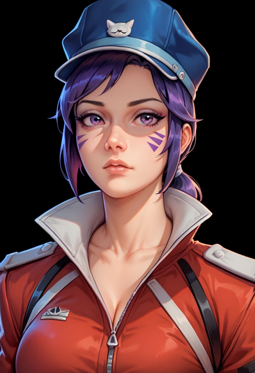 one woman, ChopioMita, (purple eyes:1.2), medium hair, sidelocks, teardrop facial mark, low ponytail, outfit_1, cat hat, cabbit hat, blue headwear, purple hair, (upper body:1.3), (black background, clear background:1.5), (red military jacket:1.2), (studio lights, deep shadows:1.3), (big chest:1.2)