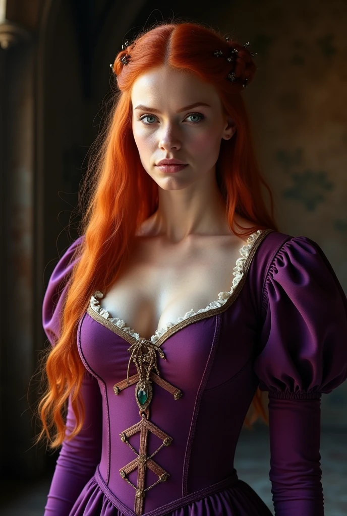 ultra realistic, photography, long red hair, girl, 24 years old, hourglass figure, perfect body, Flirty look, extremely detailed artgerm, in the style artgerm, facing the camera, lens 35 mm, blur background, at a medieval costume party, wearing a renaissance outfit