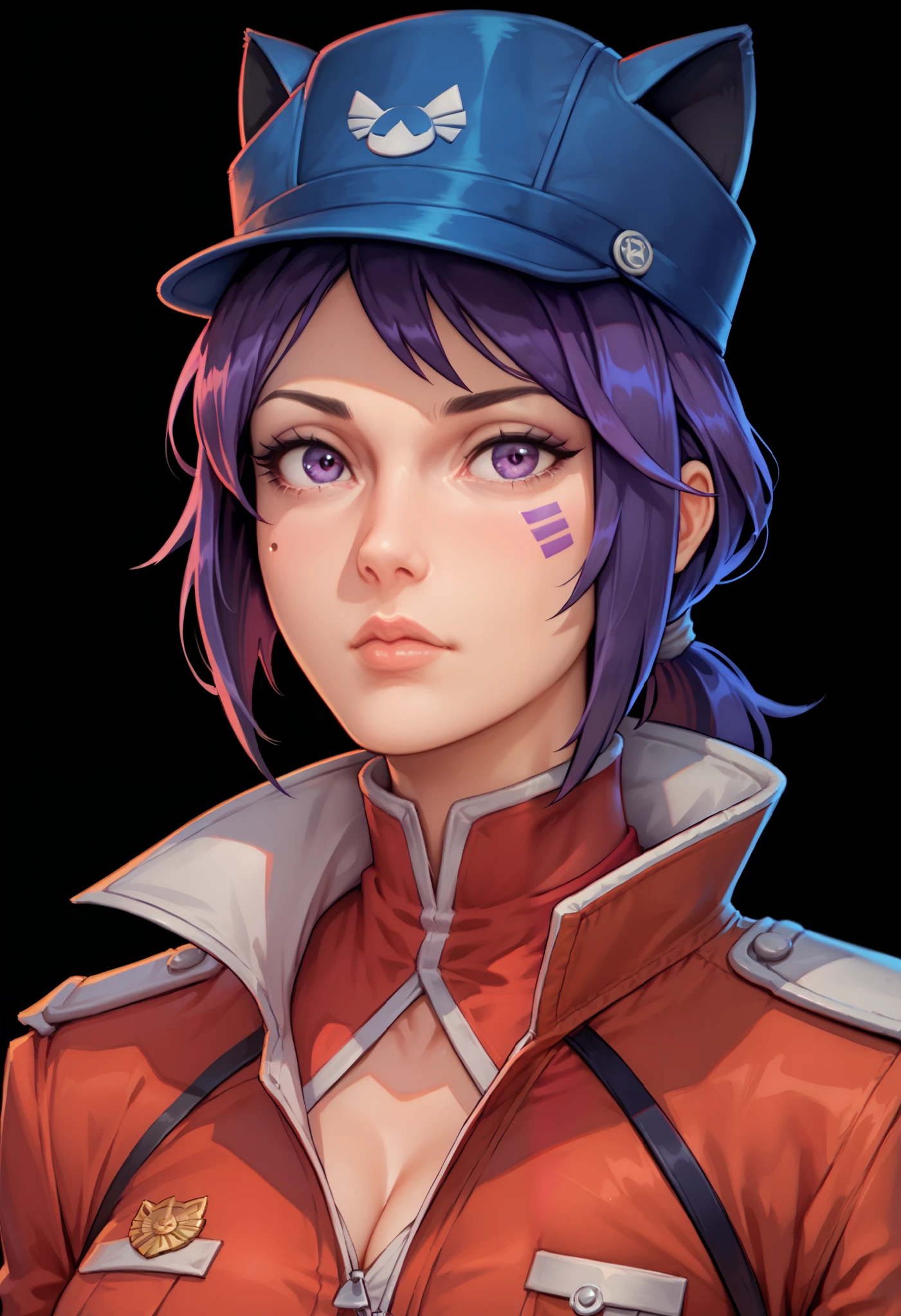 one woman, ChopioMita, (purple eyes:1.2), medium hair, sidelocks, teardrop facial mark, low ponytail, outfit_1, cat hat, cabbit hat, blue headwear, purple hair, (upper body:1.3), (black background, clear background:1.5), (red military jacket:1.2), (studio lights, deep shadows:1.3), (big chest:1.2)