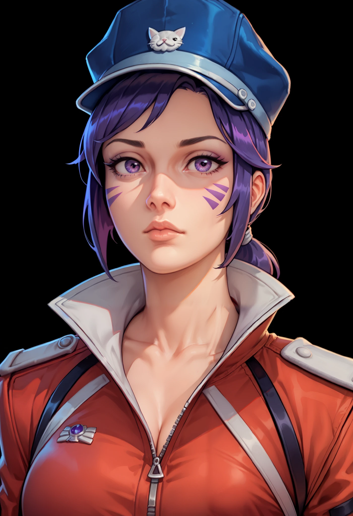 one woman, ChopioMita, (purple eyes:1.2), medium hair, sidelocks, teardrop facial mark, low ponytail, outfit_1, cat hat, cabbit hat, blue headwear, purple hair, (upper body:1.3), (black background, clear background:1.5), (red military jacket:1.2), (studio lights, deep shadows:1.3), (big chest:1.2)