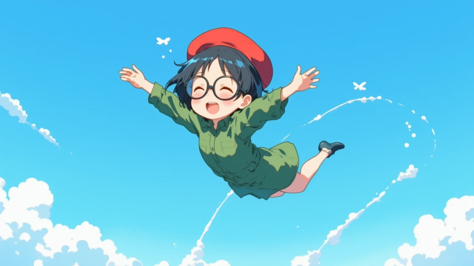 (masterpiece, high quality, high res, 4k, 8k, detail), cute Japanese girl (one solo, lo-fi girl, cute face, best smile), (black hair, short hair, black rimmed glasses, red beret, green shirt dress), (anatomically correct body, hands, fingers), happy atmosphere, flying with hands open (black hair, short hair, black rimmed glasses, red beret, green shirt dress), (anatomically correct body, hands, fingers), happy atmosphere, flying in the sky with open hands, airplane-like pose, blue sky,