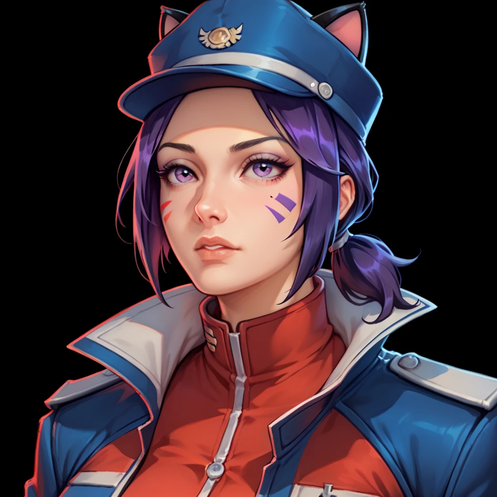 one woman, ChopioMita, (purple eyes:1.2), medium hair, sidelocks, teardrop facial mark, low ponytail, outfit_1, cat hat, cabbit hat, blue headwear, purple hair, (upper body:1.3), (black background, clear background:1.5), (red military jacket:1.2), (studio lights, deep shadows:1.3), (big chest:1.2)