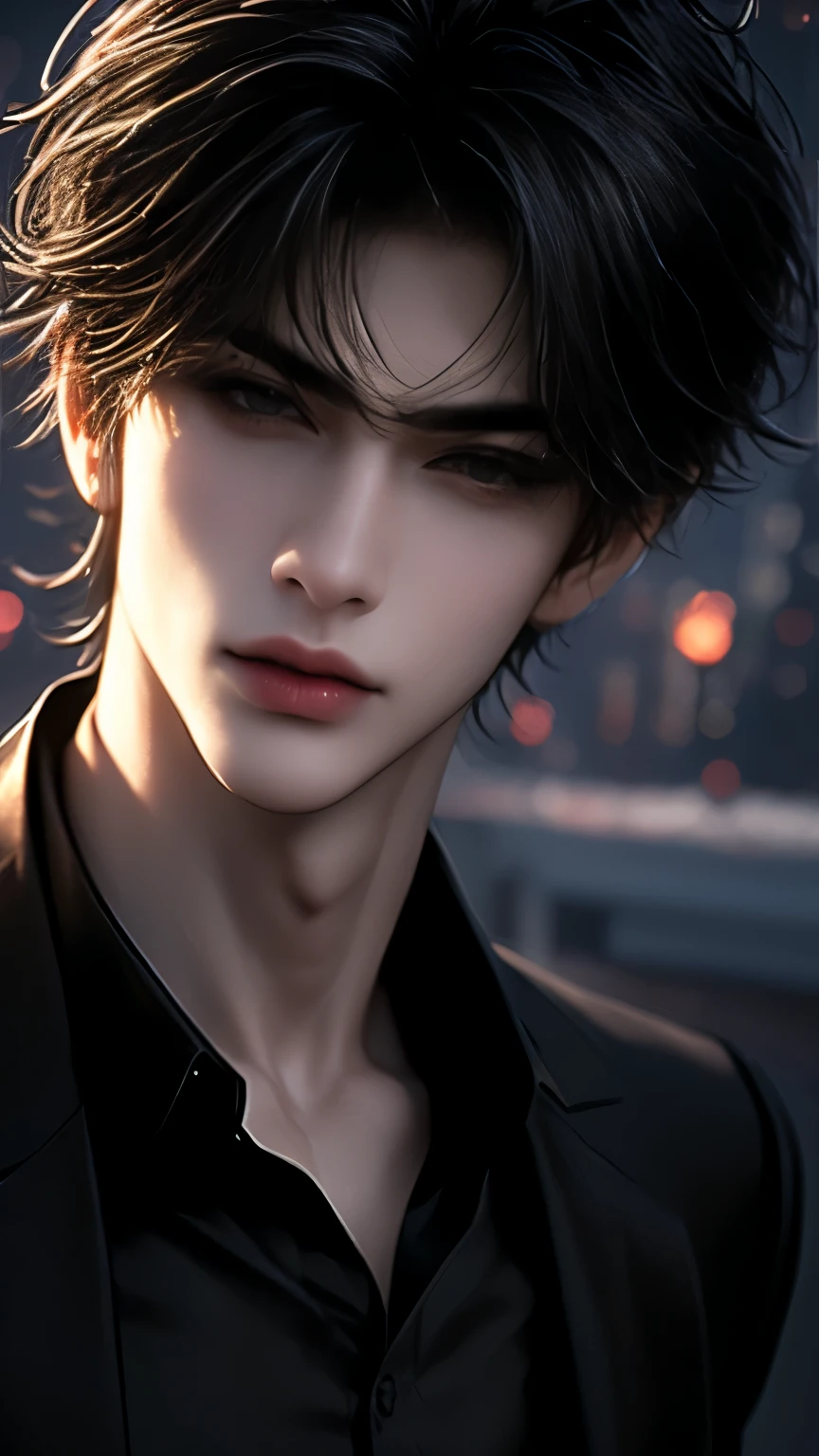 2.3D, high detailed,ultra-detailed, male, upper body, long black hair, black eyes, white shirt, handsome, flushing, straight face, in the night background, detailed eyes, decadent, cigarette, dreamy