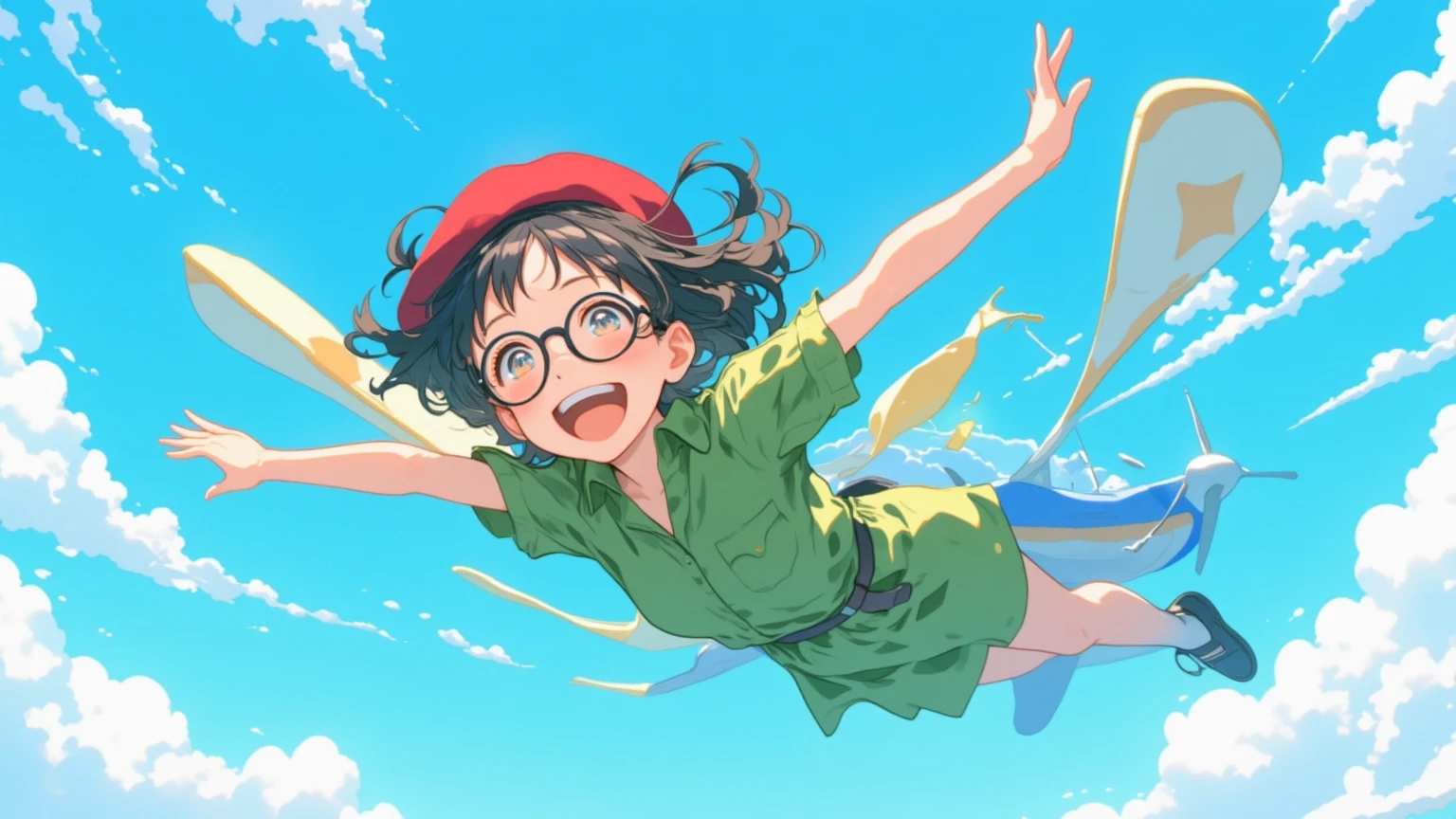 (masterpiece, high quality, high res, 4k, 8k, detail), cute Japanese girl (one solo, lo-fi girl, high school girl, cute face, best smile), (black hair, short hair, black rimmed glasses, red beret, green shirt dress), (anatomically correct body, hands, fingers), happy atmosphere, flying with hands open (black hair, short hair, black rimmed glasses, red beret, green shirt dress), (anatomically correct body, hands, fingers), happy atmosphere, flying in the sky with open hands, airplane-like pose, blue sky,