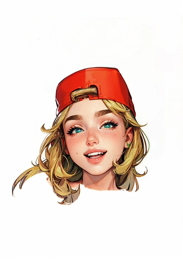 A beautiful 15-year-old teenager with a beautiful face green eyes light smile a naughty tomboy she wears a red cap