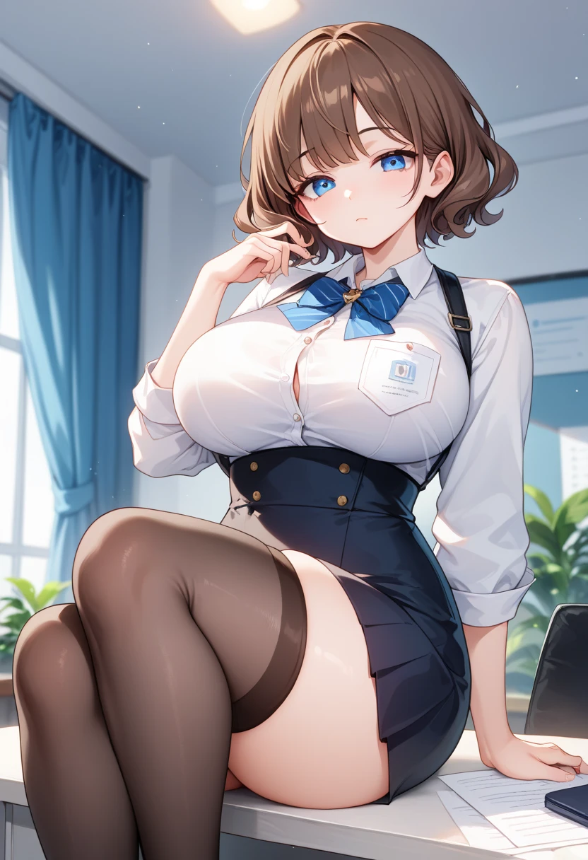 highest quality, Flying debris、Beautiful woman、officeレディー、Black Hair、(Brown eyes、Big Breasts)、short hair、チェック柄のダークブルーのofficeスーツ)、new employee,Full Body Shot、Female office lady、break(Dark blue checked vest、White dress shirt、Navy blue mini tight pencil skirt:1.2)、(Black knee-high、Absolute area、High heels)、break(office:1.3)、Cleavage、Unbutton your shirt、blush、Embarrassed、Troubled face、The skirt is torn、Standing posture