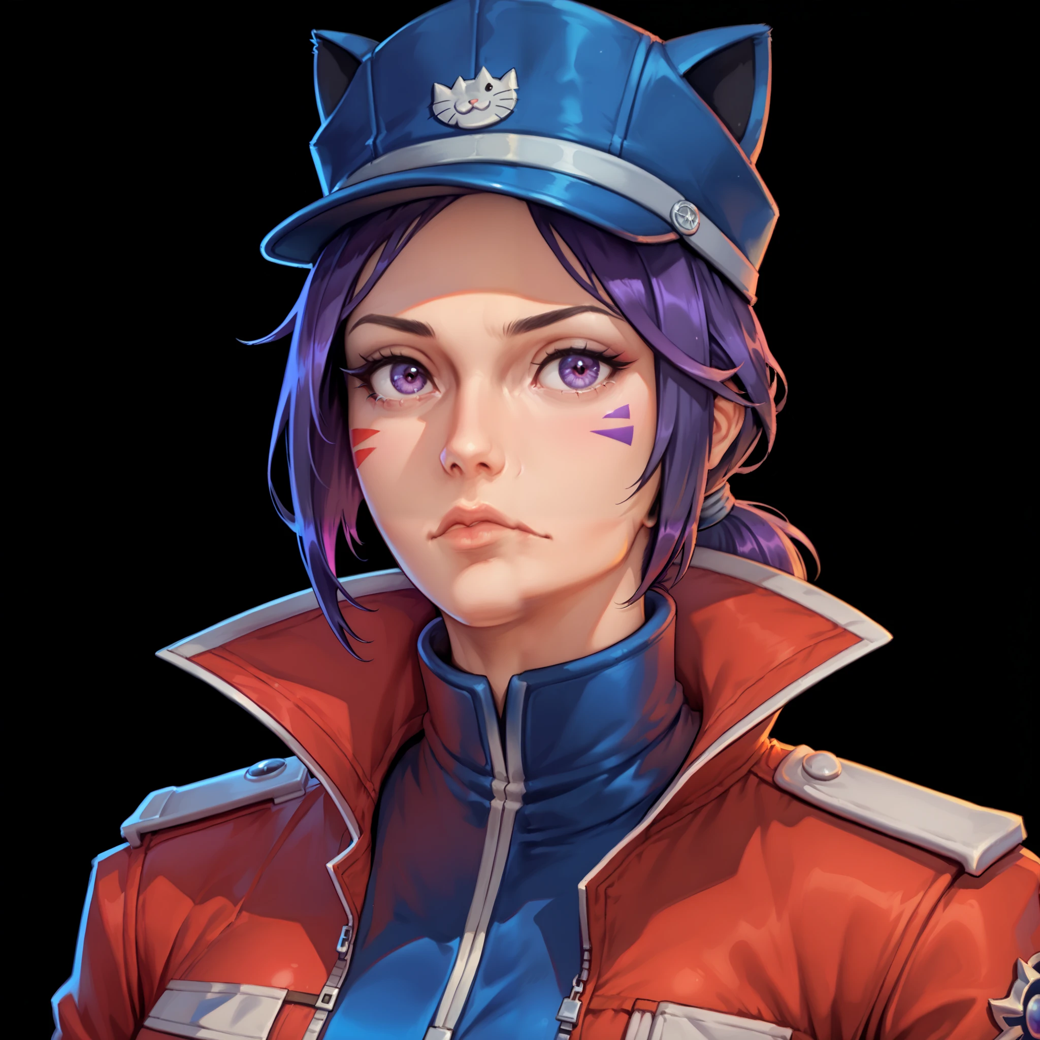 one woman, ChopioMita, (purple eyes:1.2), medium hair, sidelocks, teardrop facial mark, low ponytail, outfit_1, cat hat, cabbit hat, blue headwear, purple hair, (upper body:1.3), (black background, clear background:1.5), (red military jacket:1.2), (studio lights, deep shadows:1.3), (big chest:1.2)