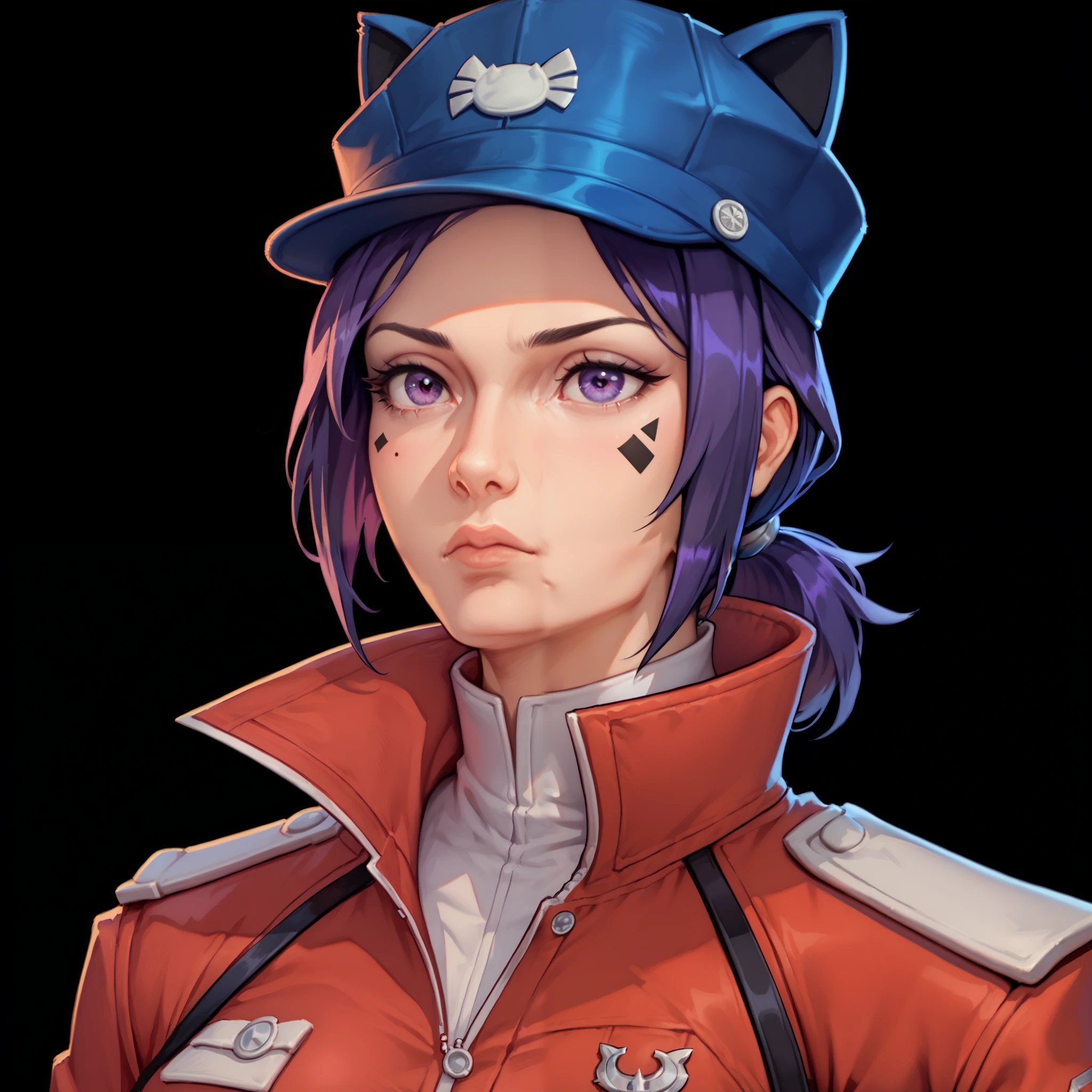 one woman, ChopioMita, (purple eyes:1.2), medium hair, sidelocks, teardrop facial mark, low ponytail, outfit_1, cat hat, cabbit hat, blue headwear, purple hair, (upper body:1.3), (black background, clear background:1.5), (red military jacket:1.2), (studio lights, deep shadows:1.3), (big chest:1.2)