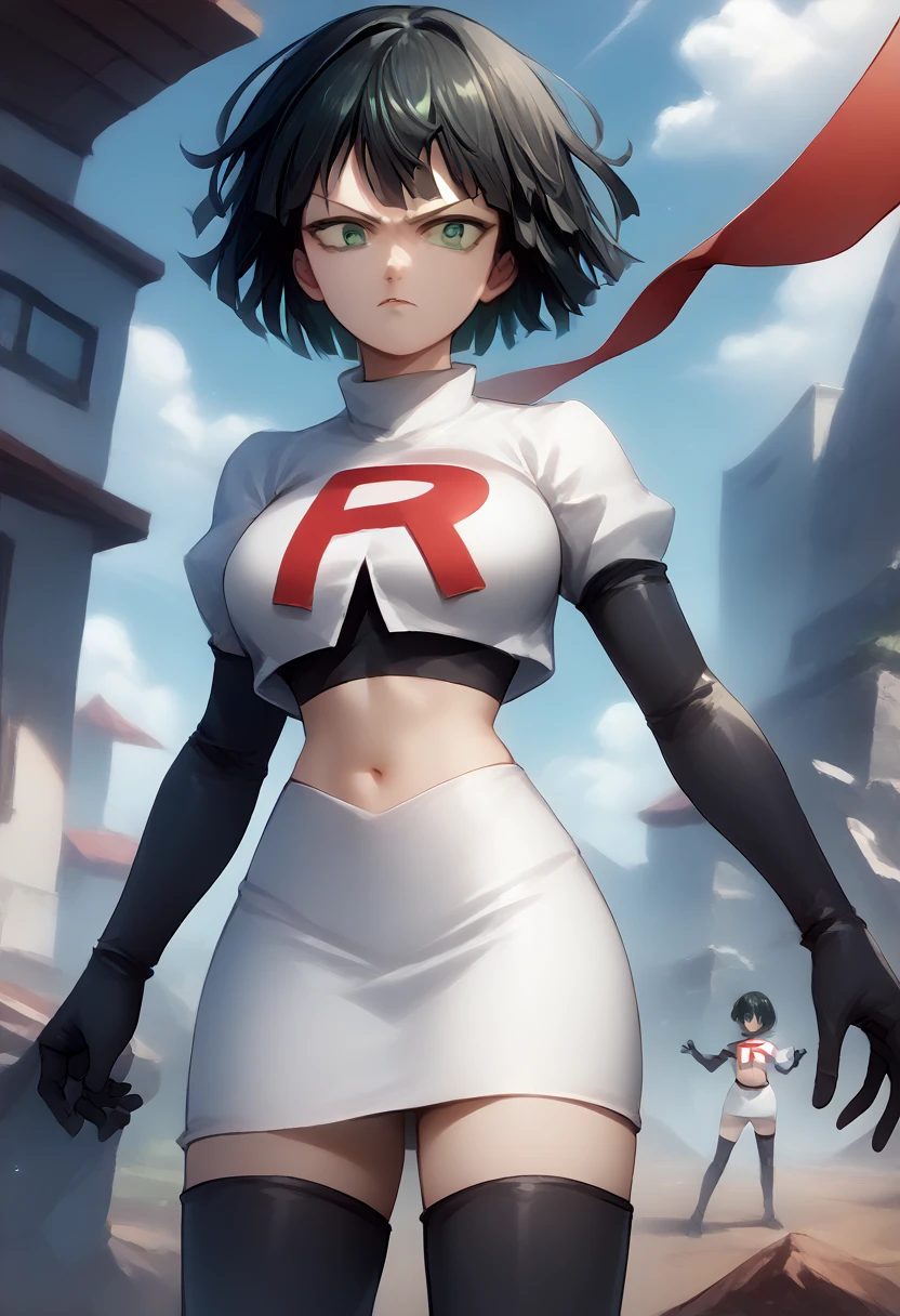 score_9, score_8_up, score_7_up, source_anime, BREAK 1girl, EPopmFubuki, black hair, short hair, green eyes,
  large breasts, jewelry, team rocket,team rocket uniform,white skirt,red letter R,crop top,black thigh-highs,black elbow gloves