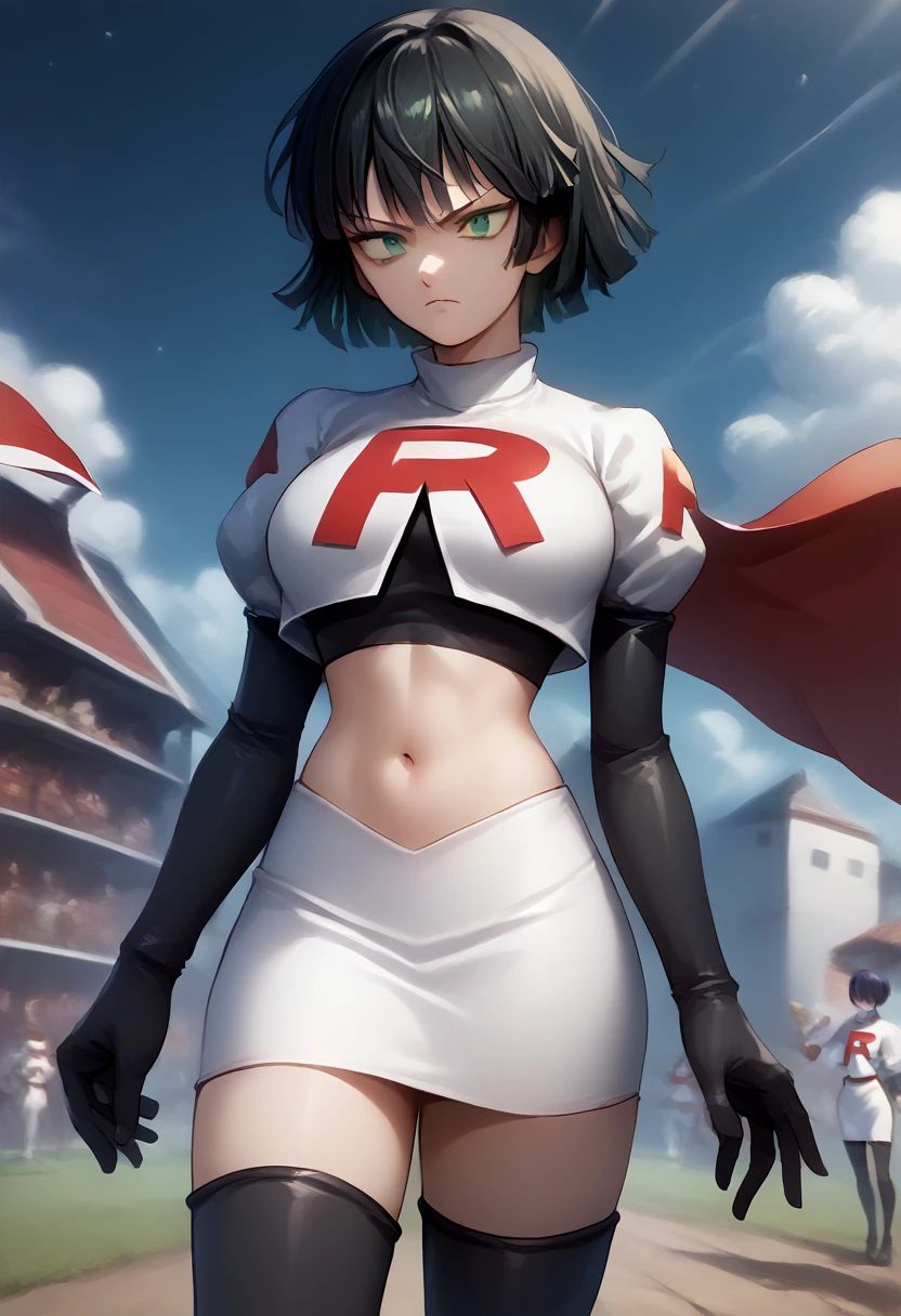 score_9, score_8_up, score_7_up, source_anime, BREAK 1girl, EPopmFubuki, black hair, short hair, green eyes,
  large breasts, jewelry, team rocket,team rocket uniform,white skirt,red letter R,crop top,black thigh-highs,black elbow gloves