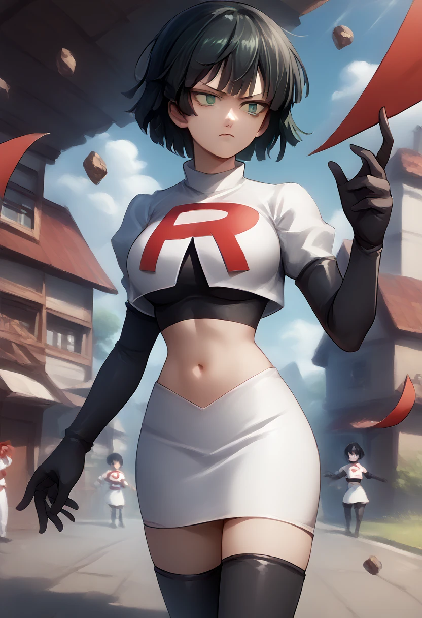 score_9, score_8_up, score_7_up, source_anime, BREAK 1girl, EPopmFubuki, black hair, short hair, green eyes,
  large breasts, jewelry, team rocket,team rocket uniform,white skirt,red letter R,crop top,black thigh-highs,black elbow gloves