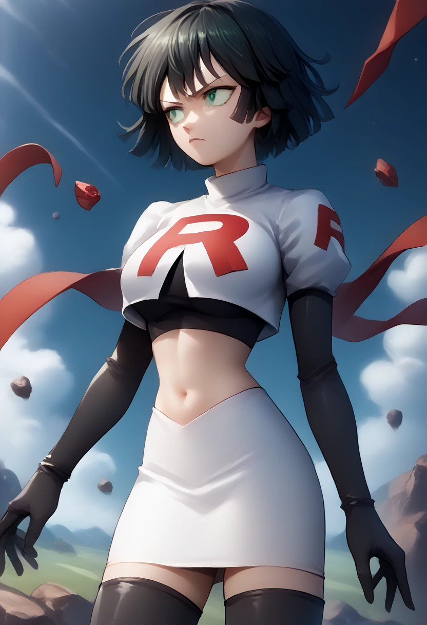 score_9, score_8_up, score_7_up, source_anime, BREAK 1girl, EPopmFubuki, black hair, short hair, green eyes,
  large breasts, jewelry, team rocket,team rocket uniform,white skirt,red letter R,crop top,black thigh-highs,black elbow gloves