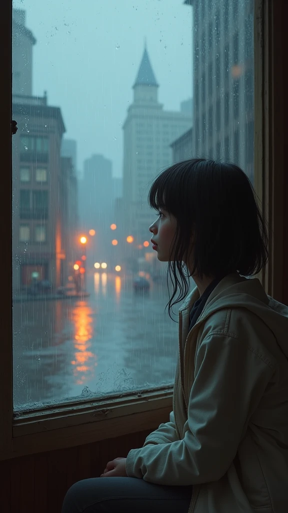 a lofi girl sitting in a rainy winter landscape, looking out of a window, rainy day, gloomy january, raining outside, rainstorm, flood, cityscape in the distance, warm indoor lighting, soft natural tones, digital painting, detailed portrait, detailed facial features, delicate expression, atmospheric, cinematic