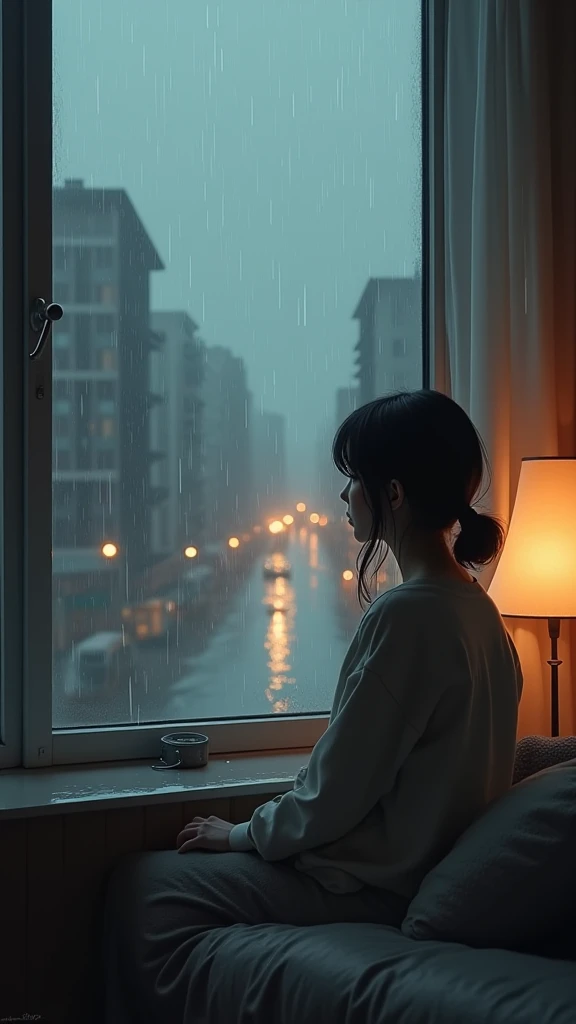 a lofi girl sitting in a rainy winter landscape, looking out of a window, rainy day, gloomy january, raining outside, rainstorm, flood, cityscape in the distance, warm indoor lighting, soft natural tones, digital painting, detailed portrait, detailed facial features, delicate expression, atmospheric, cinematic