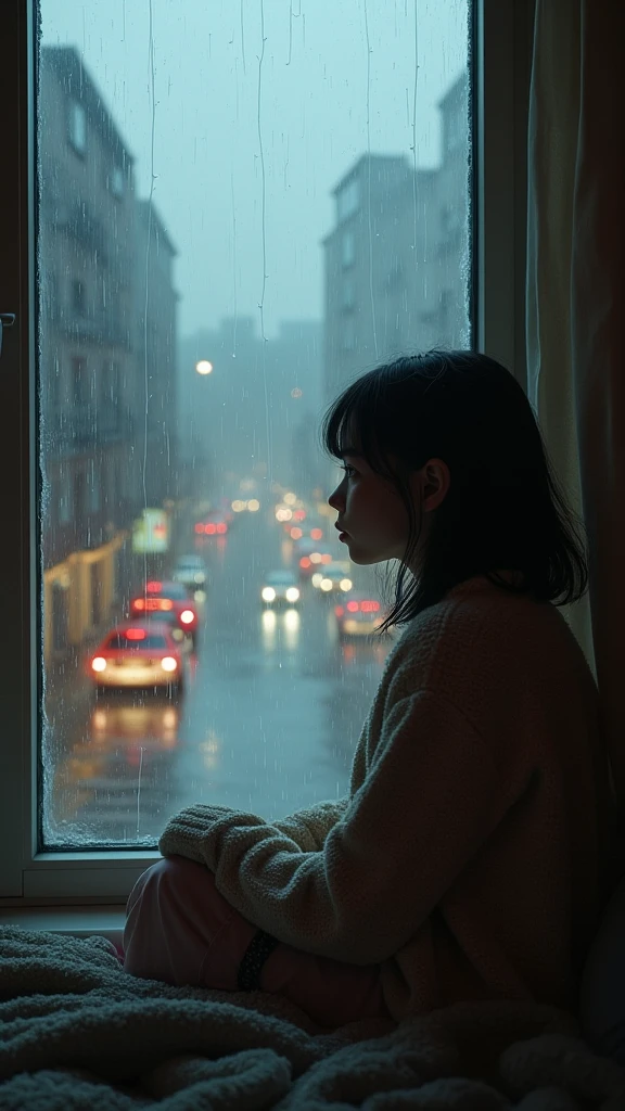 a lofi girl sitting in a rainy winter landscape, looking out of a window, rainy day, gloomy january, raining outside, rainstorm, flood, cityscape in the distance, warm indoor lighting, soft natural tones, digital painting, detailed portrait, detailed facial features, delicate expression, atmospheric, cinematic