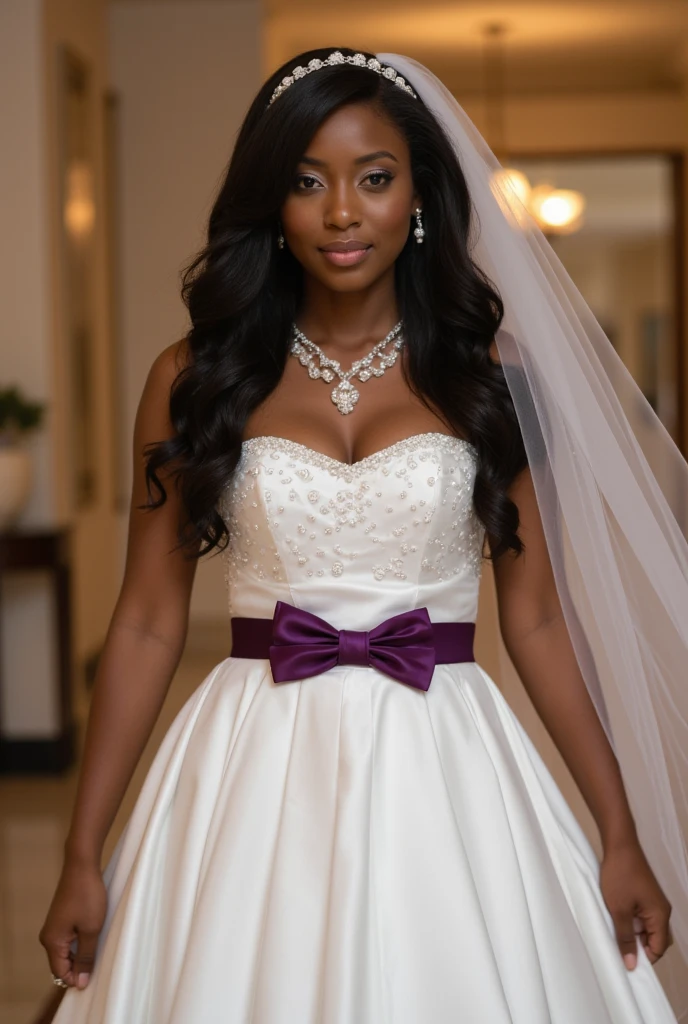 (medium full shot) of (vivacious young woman:1.1) bride, black american with fringe hair, dark eyes, dark skin, curvy,             wearing Crystal-embellished bustier with sheer panels, tulle ball gown skirt with crystal accents, crystal crown, crystal stilettos, wedding veil, delicate pearl necklace and earrings set,             holding a bouquet of tropical bouquet of orchids and hibiscus blooms, smiling at the viewer, making an ok sign with her hand, .set in  Kitchen, Modern area with stainless steel appliances, granite countertops, a large wooden dining table surrounded by chairs, hanging pendant lights, and pots and pans hanging from a rack , at sunset. .Masterpiece,best quality, photorealistic, amazing quality, very aesthetic, extremely detailed face,