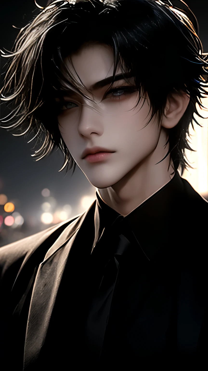 2.3D, high detailed,ultra-detailed, male, upper body, short black hair, black eyes, black shirt, handsome, flushing, straight face, in the night background, detailed eyes, decadent, cigarette, dreamy, (detailed eyes, beautiful eyes)