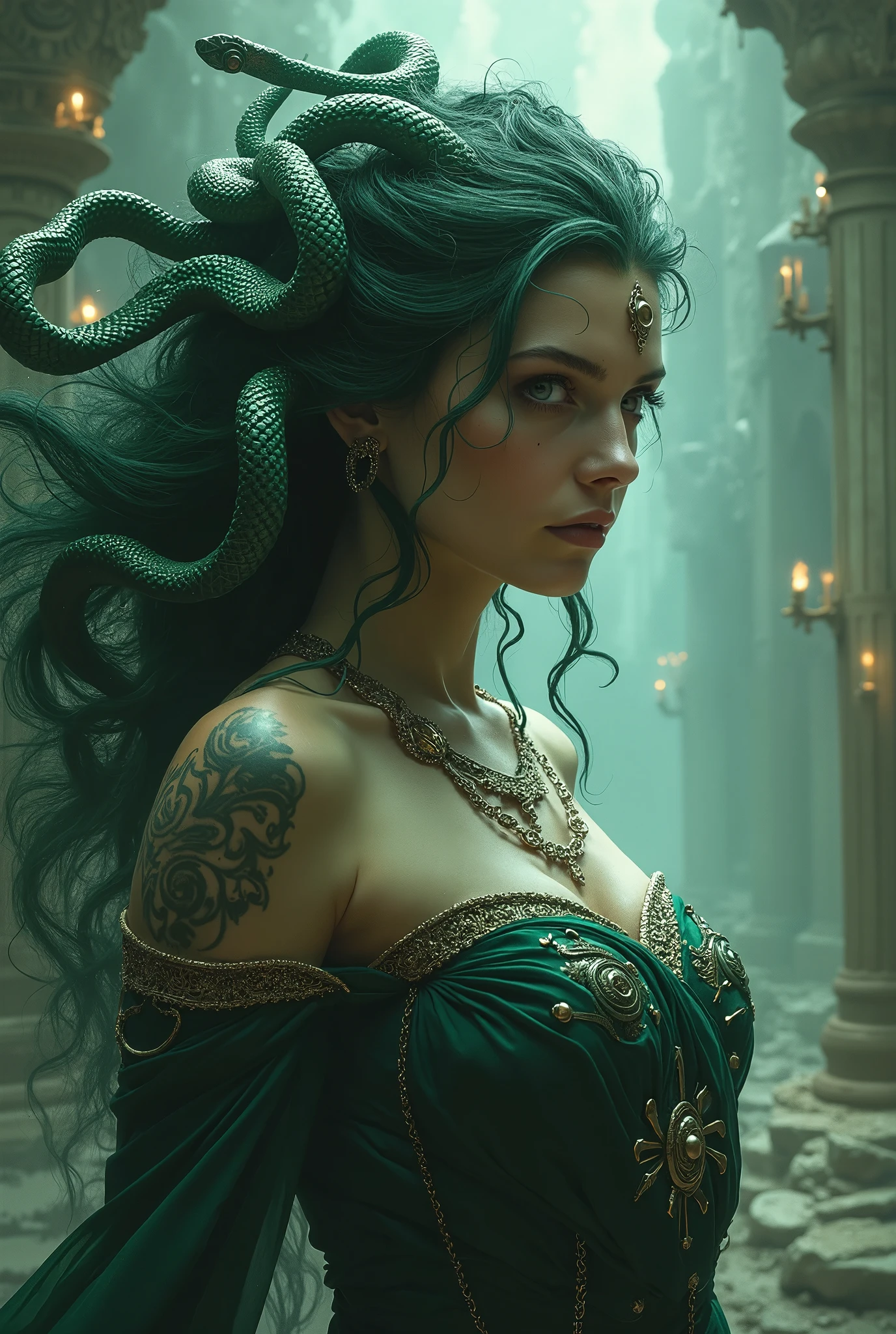Medusa, beautiful gorgon, snake hair, scaly skin, ancient Greek style, full-body portrait, (best quality, 4k, 8k, high resolution, masterpiece:1.2), ultra-detailed, (realistic, photorealistic, photo-realistic:1.37), intricate details, captivating expression, piercing gaze, ornate temple background, dramatic lighting, vibrant colors, classical art aesthetic, serene yet powerful, (cinematic, epic, dramatic:1.1)