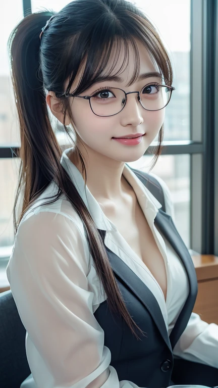 (Best quality, masterpiece, detailed), (RAW, 4k, hd images), 1 girl, , white skin, long hair, ponytail, layers hair, bangs, black hair, beautiful girl, cute girl, sweet girl, pretty girl, perfect girl, perfect body, pretty eyes, blue eyes, thin lips, (eye line, lip soft), perfect round breast, glasses, wayfare, simple background, smile, waist, hips, Blazer, half body, modeling pose, free style pose, random angle capture, cleavage
