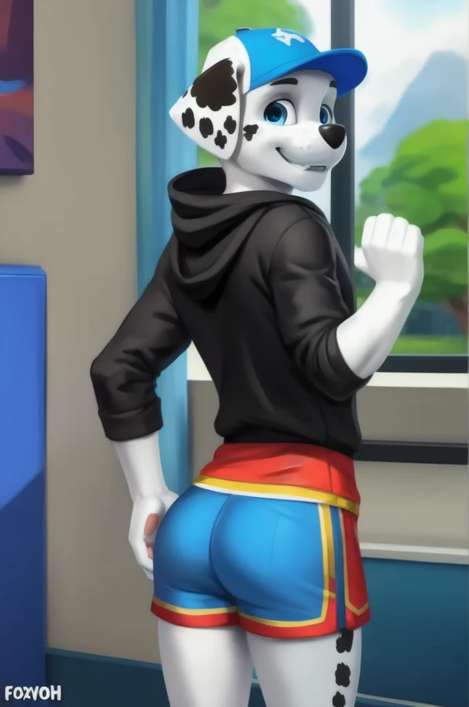 anthro furry boy, male, CGI style, cute, gray fur, purple eyes, light blue mohawk style hair, light blue hair, twink, gay, slim, plump butt, round buttcheeks, skin tight bodysuit, wedgie up butt, thicc butt, perfect butt