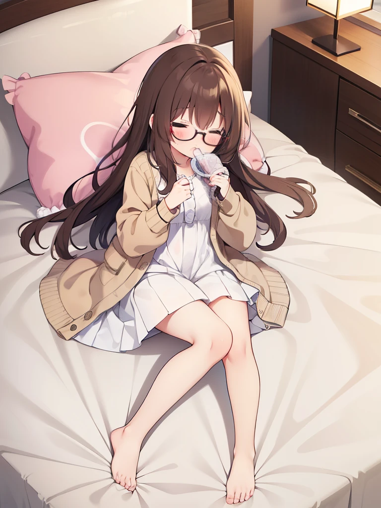 1girl, 21 yro, full body shot, medium brown hair, glasses, nerdy, light cardigan, beige ruffled dress, sleeping on the bed, unconscious, eyes closed, cute, absurdres, high res, ultrasharp, 8K, masterpiece, mouth slightly open