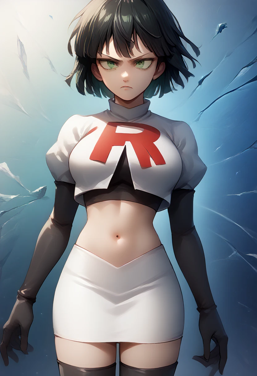 score_9, score_8_up, score_7_up, source_anime, BREAK 1girl, EPopmFubuki, black hair, short hair, green eyes,
  large breasts, jewelry, team rocket,team rocket uniform,white skirt,red letter R,crop top,black thigh-highs,black elbow gloves