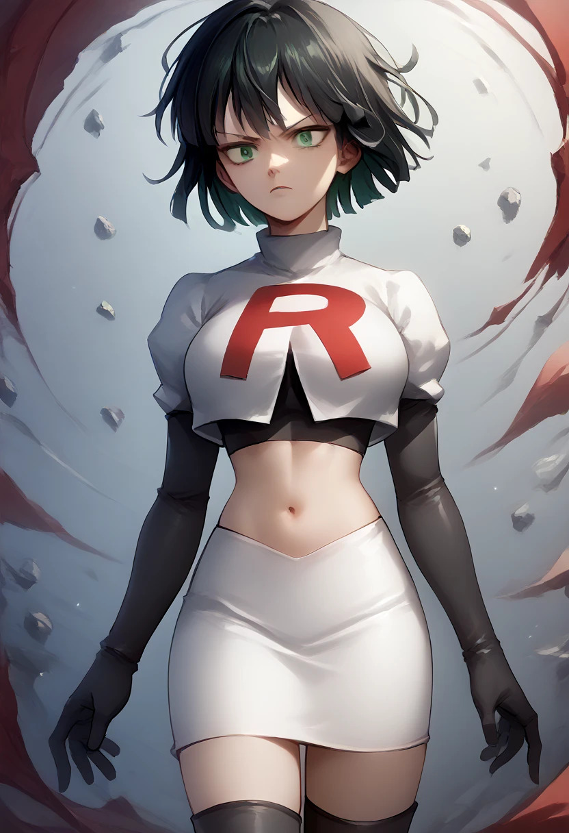 score_9, score_8_up, score_7_up, source_anime, BREAK 1girl, EPopmFubuki, black hair, short hair, green eyes,
  large breasts, jewelry, team rocket,team rocket uniform,white skirt,red letter R,crop top,black thigh-highs,black elbow gloves