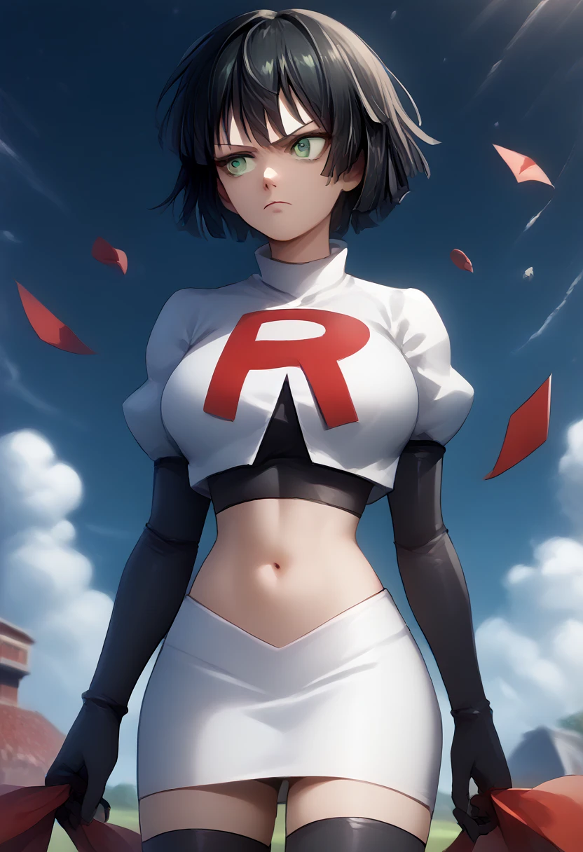 score_9, score_8_up, score_7_up, source_anime, BREAK 1girl, EPopmFubuki, black hair, short hair, green eyes,
  large breasts, jewelry, team rocket,team rocket uniform,white skirt,red letter R,crop top,black thigh-highs,black elbow gloves