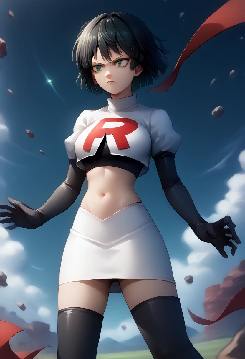 score_9, score_8_up, score_7_up, source_anime, BREAK 1girl, EPopmFubuki, black hair, short hair, green eyes,
  large breasts, jewelry, team rocket,team rocket uniform,white skirt,red letter R,crop top,black thigh-highs,black elbow gloves