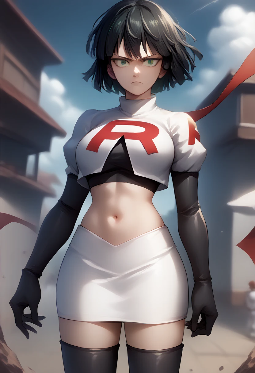 score_9, score_8_up, score_7_up, source_anime, BREAK 1girl, EPopmFubuki, black hair, short hair, green eyes,
  large breasts, jewelry, team rocket,team rocket uniform,white skirt,red letter R,crop top,black thigh-highs,black elbow gloves