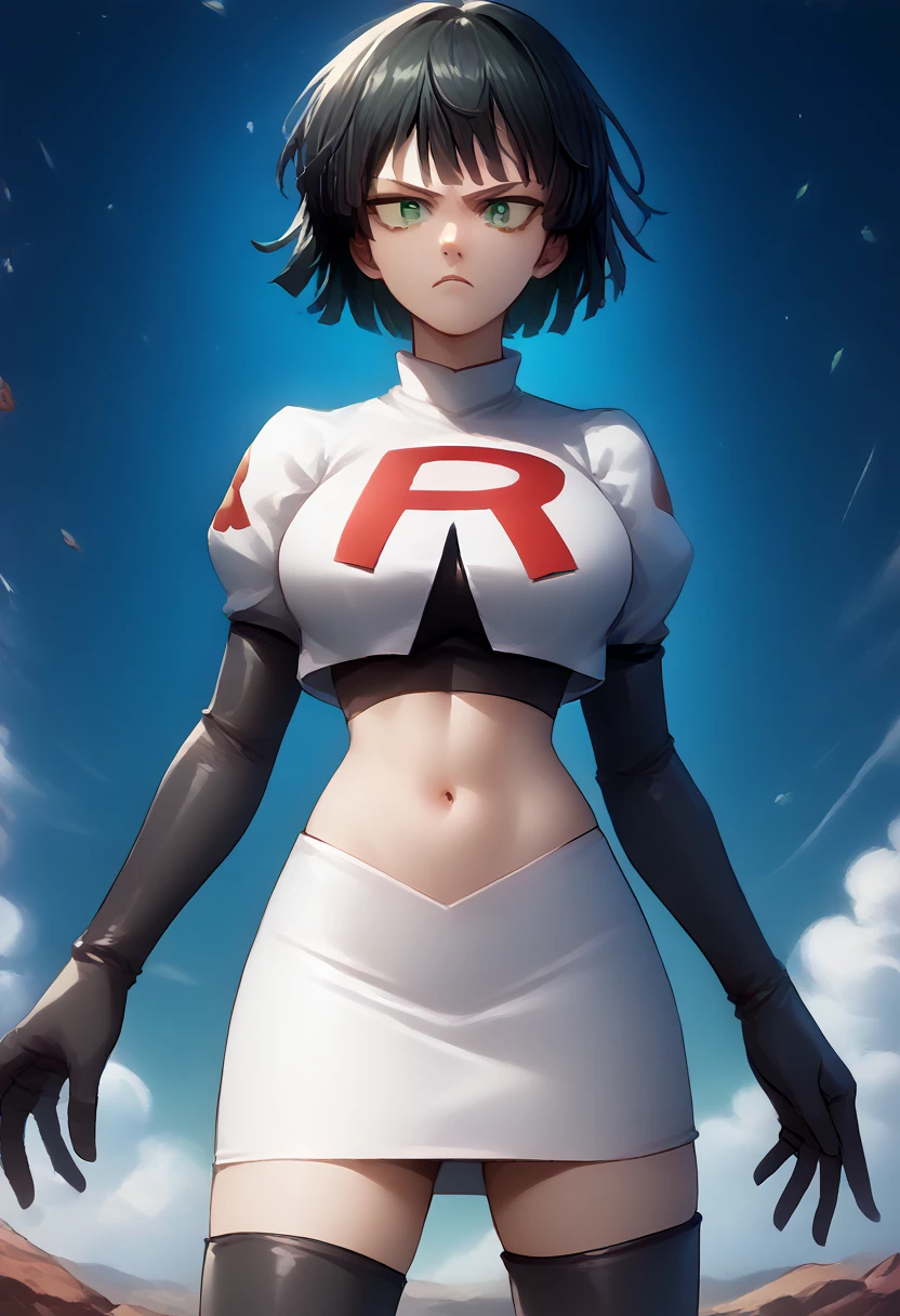 score_9, score_8_up, score_7_up, source_anime, BREAK 1girl, EPopmFubuki, black hair, short hair, green eyes,
  large breasts, jewelry, team rocket,team rocket uniform,white skirt,red letter R,crop top,black thigh-highs,black elbow gloves