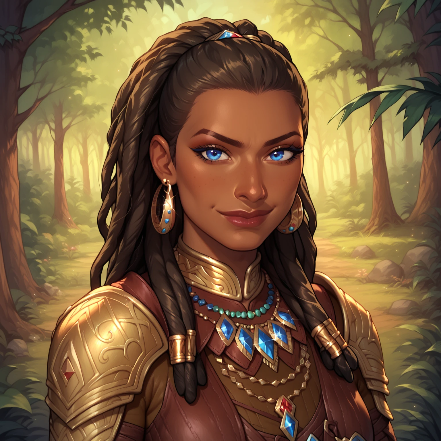 (((beautiful, high quality, comics style, detailed face))), score_9, score_8_up, score_7_up, BREAK, human, beautiful woman, african appearance, dark brown skin, leather primitive armor, jewels in her hair, blonde dreadlocks, blue eyes, wide smile, solo, portrait, upper body, portrait, serious expression, at night, pine forest background, fantasy, blurred background, Expressiveh, detailxl