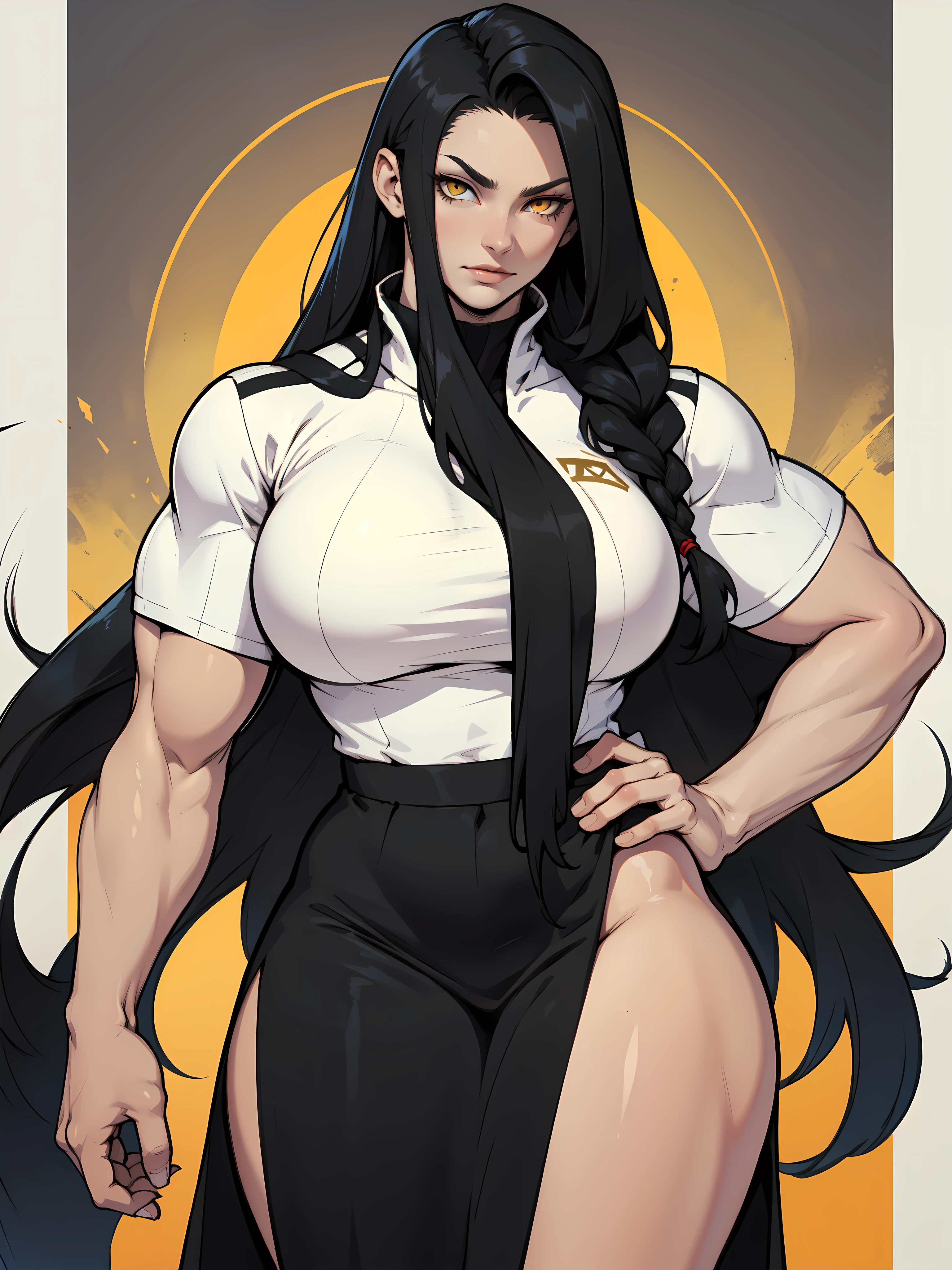 ((1girl)) pale skin large breasts (muscular) toned body thick thighs black hair yellow eyes (long hair grey background) bodybuilder angry tight shirt