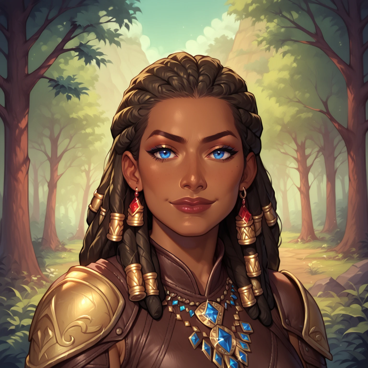 (((beautiful, high quality, comics style, detailed face))), score_9, score_8_up, score_7_up, BREAK, human, beautiful woman, african appearance, dark brown skin, leather primitive armor, jewels in her hair, blonde dreadlocks, blue eyes, wide smile, solo, portrait, upper body, portrait, serious expression, at night, pine forest background, fantasy, blurred background, Expressiveh, detailxl