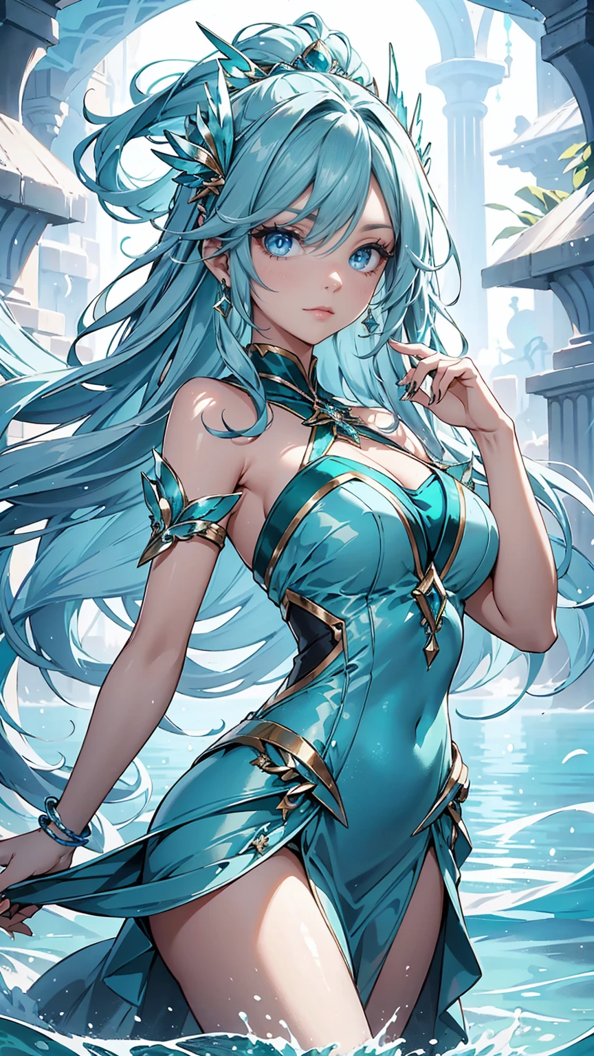 Neridia, a mermaid transformed into a 55 meter giant, emerges from the waters at sunset, her iridescent blue skin glowing in the light of the setting sun. Her long silver hair falls wet over her shoulders and back.. Naked and splendid, standing on a lonely beach, her posture is graceful and tempting, with one leg forward and one hand playing with his wet hair, while the other caresses her hip. His eyes, full of mystery and desire, They look at the tiny humans at their feet, fascinated by its aquatic beauty. Her full lips curve into a suggestive smile and her perfectly sculpted body exudes an aura of marine eroticism., enveloping everyone present in a spell of submission and uncontrollable desire.