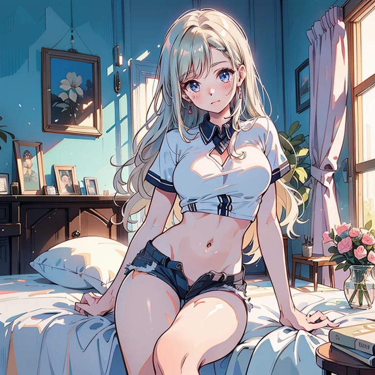 "Full-body anime character, beautifully detailed eyes and lips, long eyelashes, soft and elegant expression. A young woman with a slender, graceful figure, wearing fashionable, sexy perfect body, big breast and butt, stylish clothing that enhances her charm. Her face is delicate, with gentle features and a serene aura. The lighting is cinematic, with soft highlights and low-variance brightness that creates a dreamy, vibrant atmosphere. The scene is framed artistically, with high-resolution details and smooth color tones that highlight the character's beauty and elegance. (Best quality, 4k, 8k, high resolution, masterpiece: 1.2), ultra-detailed, digital painting, portrait style, glamorous, soft lighting." The sexy woman the prospect from the bottom up, long golden hair and amber eyes with raised outer corners, a satisfied light smile, wavy hair, shorts and a T -shirt, a young sensual perfect body, a shirt, a good figure, long legs.Realism, detail, reality